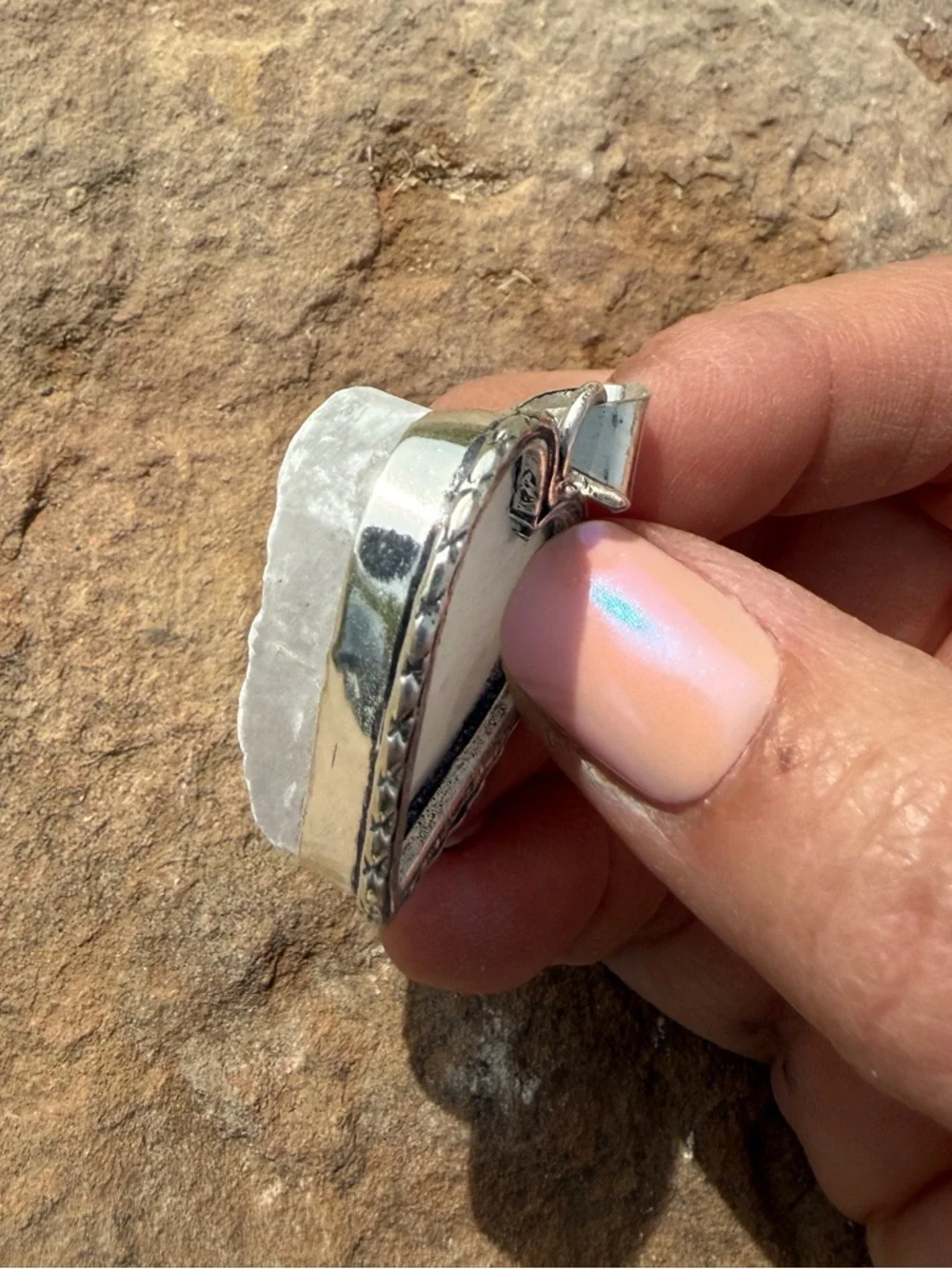 Raw Selenite Heart Pendant Set in 925 Sterling Silver - Picture 3 of 4